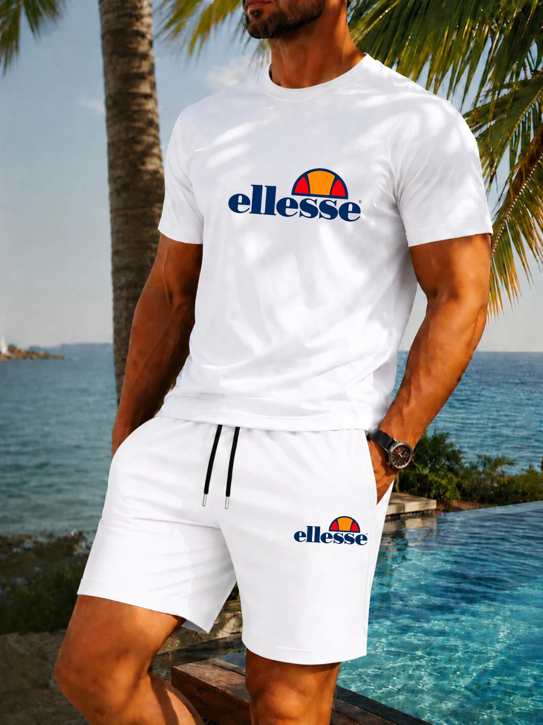 Mens Fashion Ideas - เสื้อยืดคอกลมผู้ชายสไตล์คลาสสิก ระบายอากาศได้ดี สำหรับฤดูร้อนใหม่ พร้อมกางเกงขาสั้น ชุดออกกำลังกายกลางแจ้งสองชิ้น