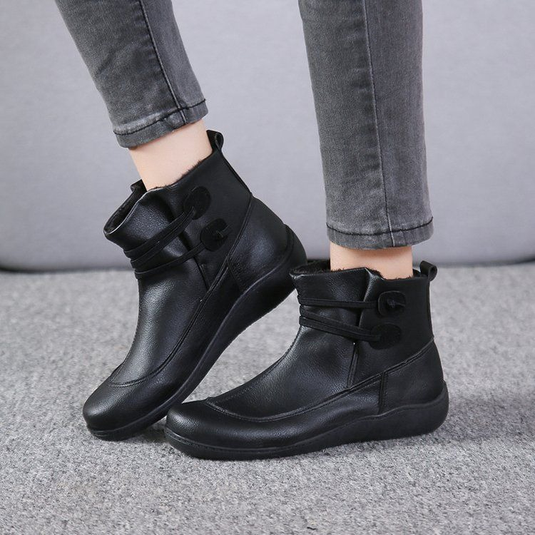 Men Fashion Vintage - รองเท้าบูทข้อสั้นหนัง PU ทรงหัวมนสไตล์วินเทจสำหรับผู้หญิง ทรงหลวม ใส่สบาย ไซส์ใหญ่พิเศษ
