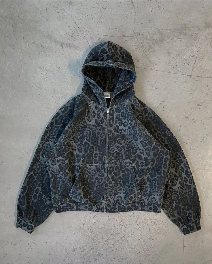 Mens Fashion Zip Up Hoodies - เสื้อฮู้ดซิปพิมพ์ลายเสือดาวสไตล์เรโทร Y2K สำหรับผู้ชายและผู้หญิง เสื้อแจ็คเก็ตแฟชั่นลำลอง