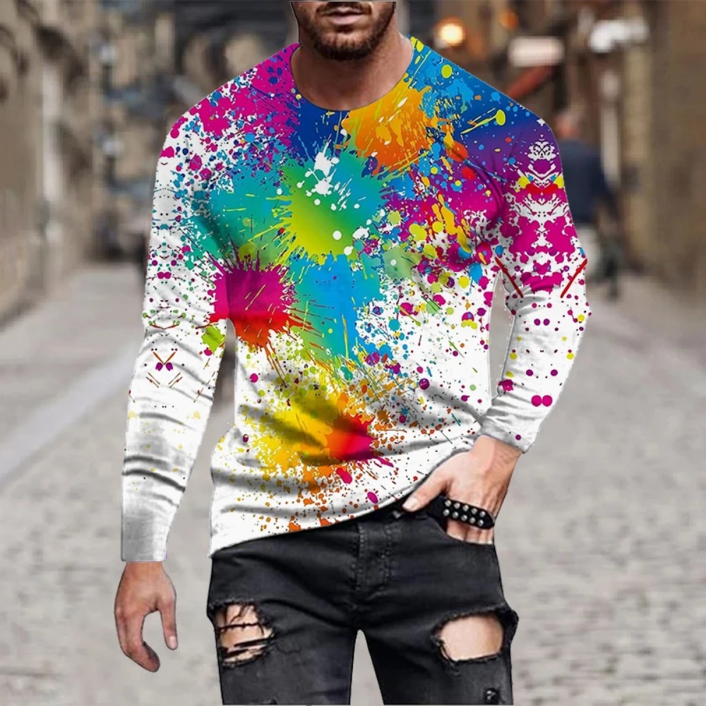 Mens Fashion Casual - เสื้อยืดแขนยาวพิมพ์ลาย 3D ลายสีรุ้งสำหรับผู้ชาย เสื้อยืดลายกราฟฟิตี้หมึกสีสันสดใส ศิลปะนามธรรมแปลกใหม่ เสื้อแขนยาวลำลอง