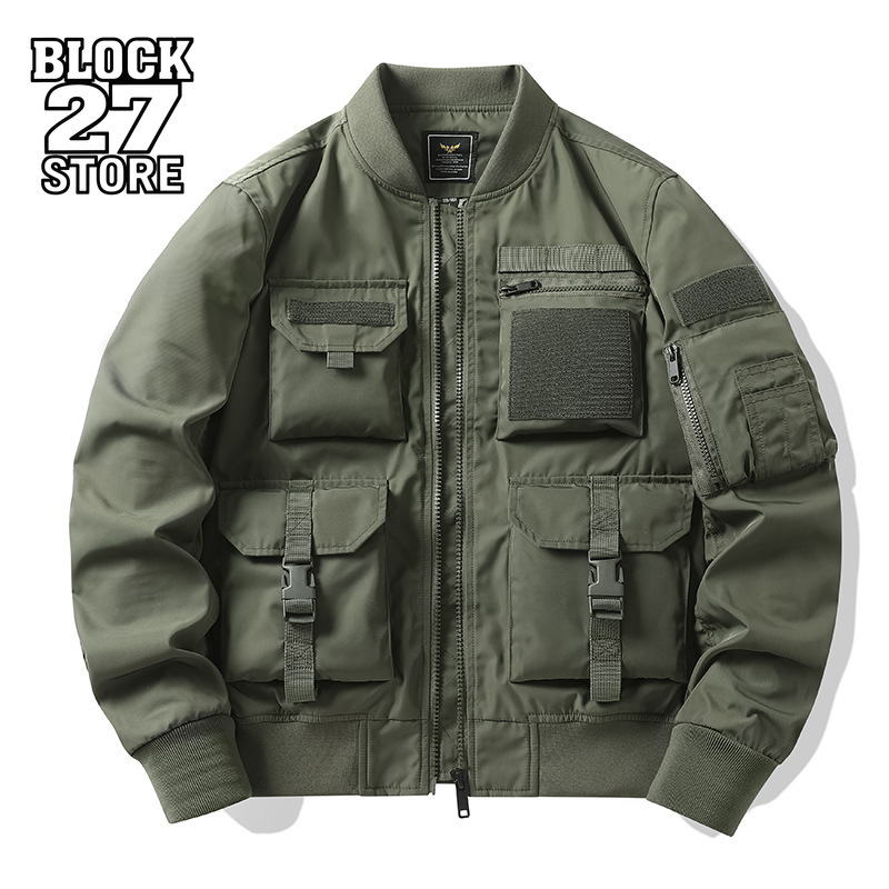 Mens Fashion Bomber Jacket - เสื้อแจ็คเก็ตผู้ชายสไตล์วินเทจ สตรีทแวร์ อเมริกันเรโทร แจ็คเก็ตเบสบอลทรงบอมเบอร์ มีกระเป๋าคาร์โก้ ซิป