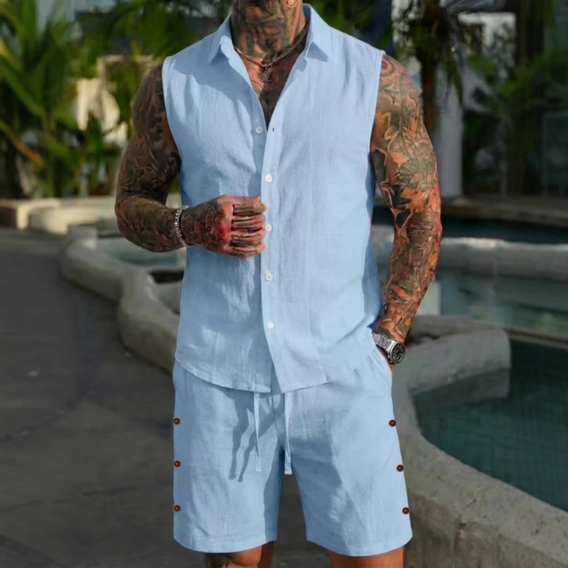 Linen Shirt Summer - ชุดเซ็ต 2 ชิ้นสำหรับผู้ชาย ผ้าลินินเนื้อสัมผัสพิเศษ เสื้อแขนกุดติดกระดุม กางเกงขาสั้นเอวยางยืด