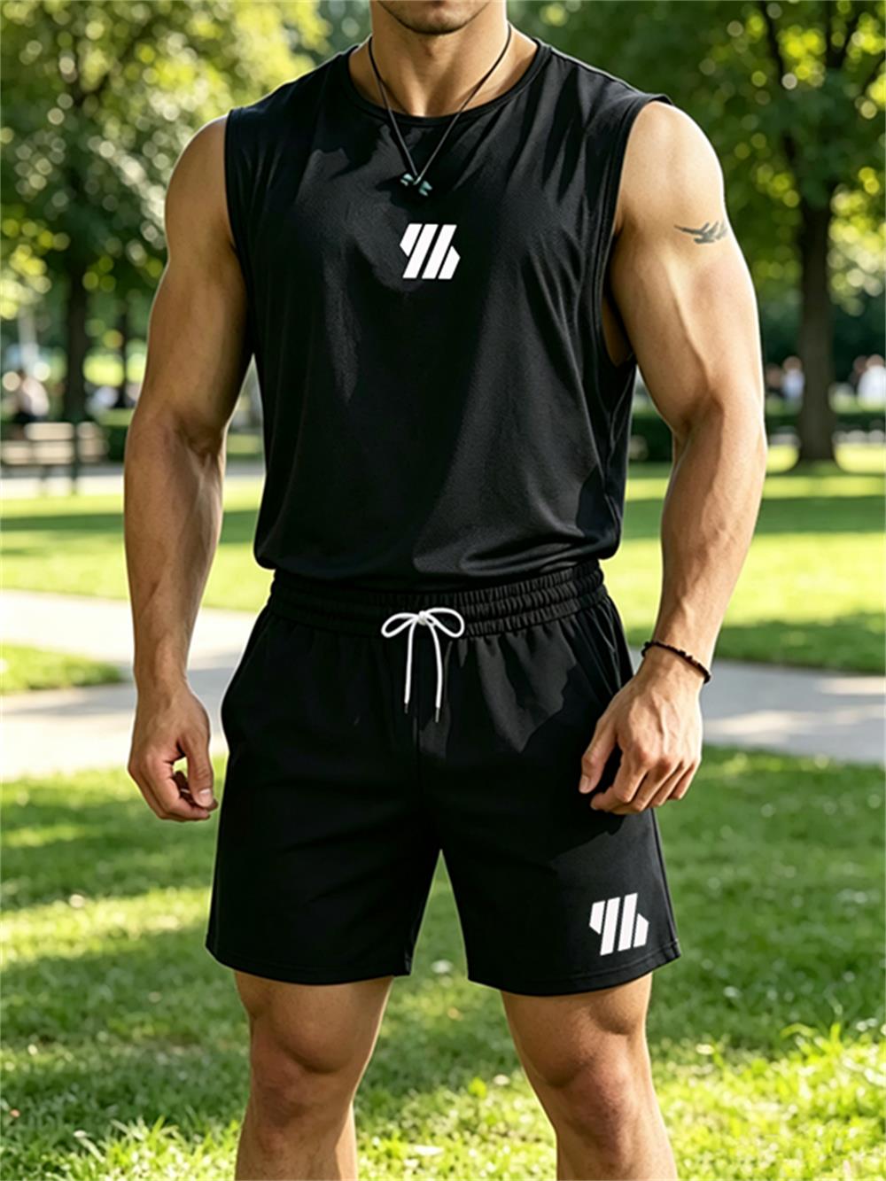 Mens Fashion Casual - ชุดกีฬาผู้ชายแบรนด์ใหม่ปี 2026 เสื้อกั๊กคอกลมพิมพ์ลายทันสมัย/กางเกงขาสั้นระบายอากาศ