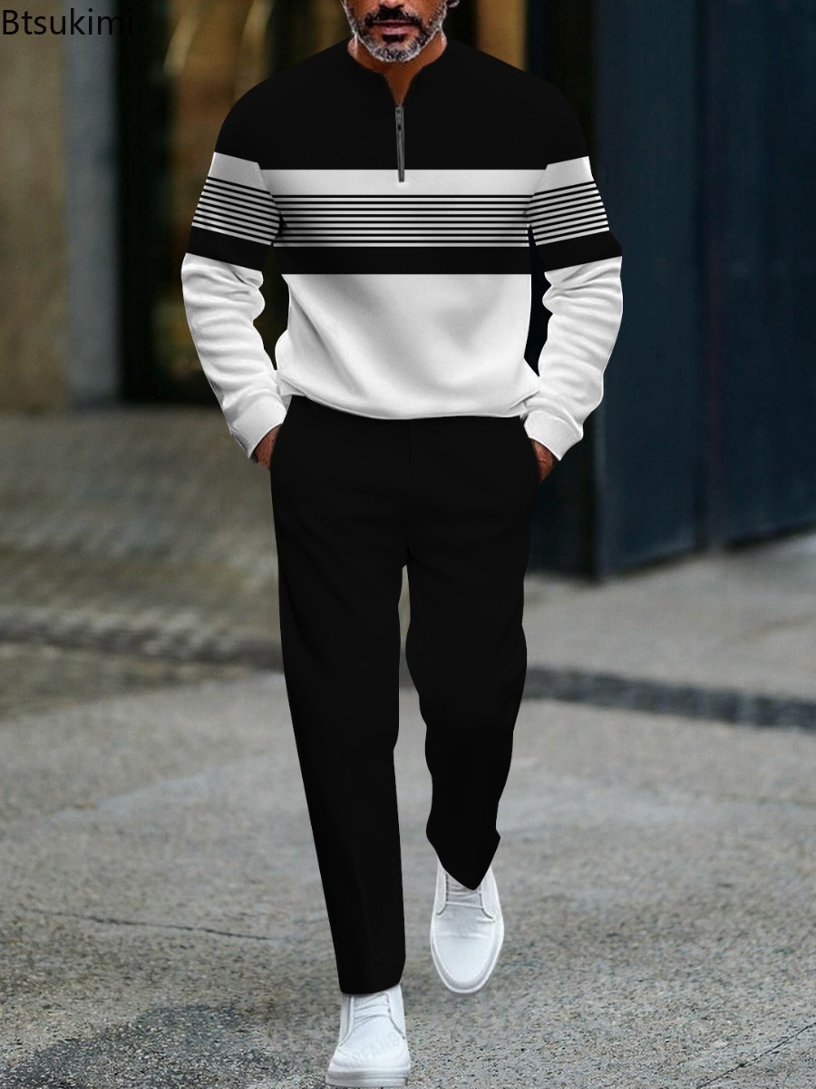 Men'S Fashion Plus - ชุดเสื้อผ้าผู้ชายแขนยาวพิมพ์ลายฤดูใบไม้ผลิและฤดูใบไม้ร่วงแบบใหม่ ชุดลำลองแฟชั่นมินิมอล ชุดกีฬาไซส์ใหญ่พิเศษสำหรับผู้ชาย