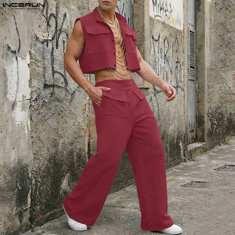 Mens Fashion Ideas - INCERUN ชุดเซ็ตผู้ชาย เสื้อครอปแขนกุดสีพื้น กางเกงขายาว ชุด 2