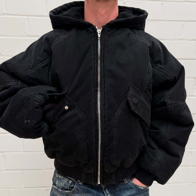 Mens Fashion Bomber Jacket - เสื้อแจ็คเก็ตบอมเบอร์ผู้ชายทรงโอเวอร์ไซส์ ผ้าแคนวาสฟอกสี มีฮู้ด ซับในบุหนา กระเป๋าแบบคาร์โก้ ซิปหน้า