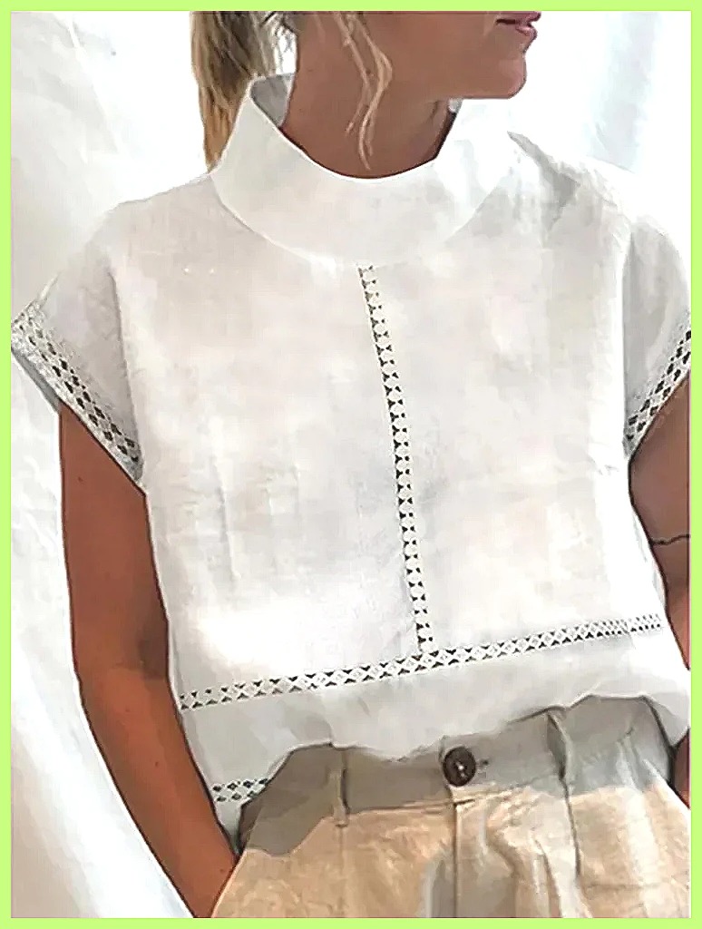 Linen Shirt Summer - เสื้อเชิ้ตผ้าฝ้ายลินินสำหรับผู้หญิง แต่งขอบลูกไม้หรูหรา ทรงเข้ารูป คอตั้ง สำหรับสตรีทแวร์ฤดูร้อน