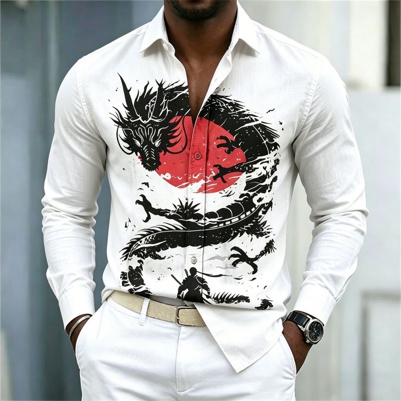 Mens Fashion Ideas - เสื้อเชิ้ตผู้ชายลายมังกรสีขาวดำแดงตัดกัน รุ่นใหม่ปี 2026 สไตล์สตรีทแฟชั่นลำลองธุรกิจ แขนยาว เสื้อผ้าผู้ชาย