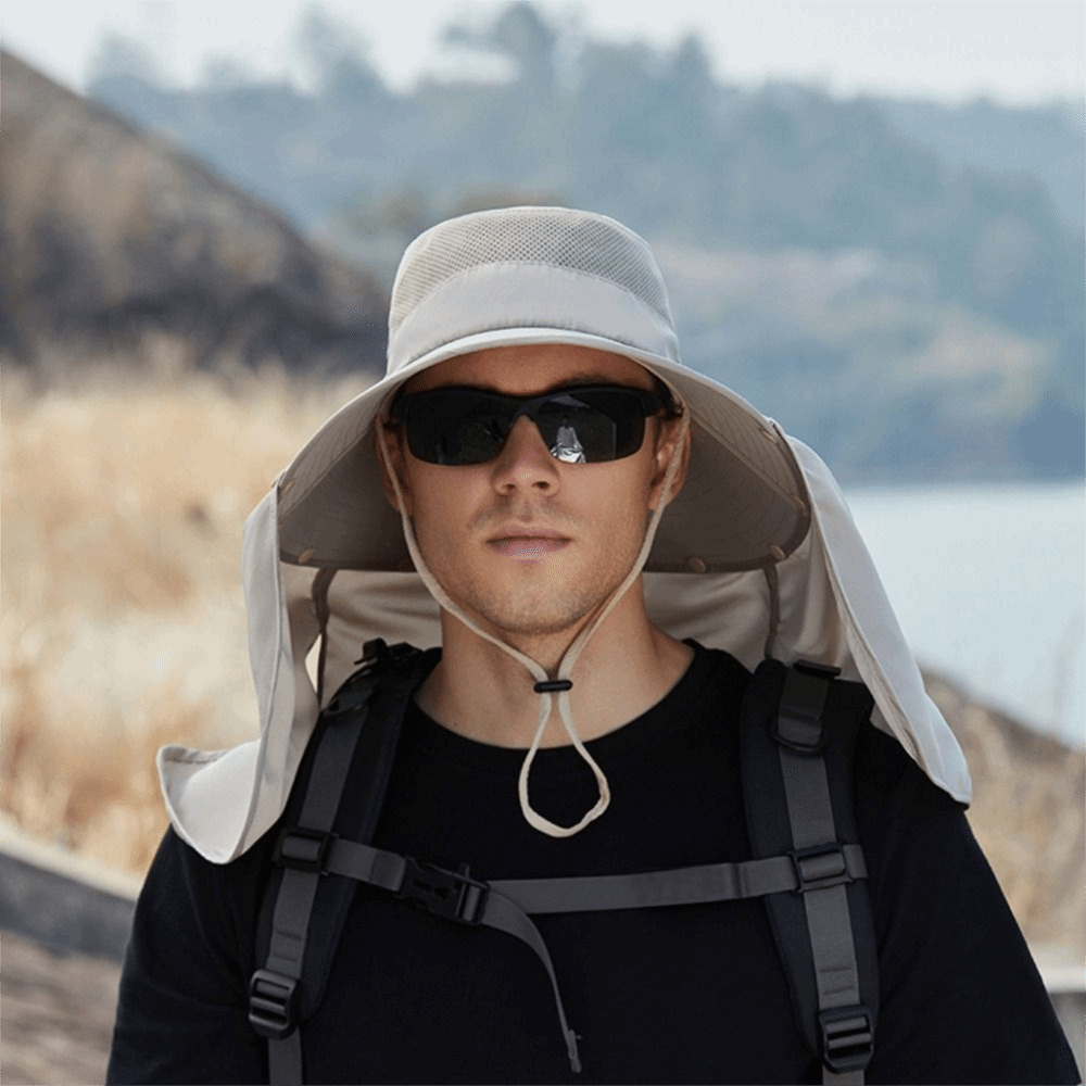 Mens Fashion Caps - หมวกแฟชั่นผ้าสำหรับผู้ชาย ปีกกว้าง ถอดผ้าคลุมได้ หมวกบักเก็ตฤดูร้อน พร้อมสายคล้องคอ ป้องกันรังสียูวี