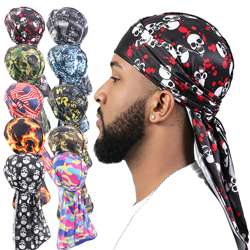 Mens Fashion Caps - หมวกดูแร็กแฟชั่นแบบยาว 3 ชิ้น หมวกไหมเทียมลายเปลวไฟและโครงกระดูก สำหรับผู้ชาย เครื่องประดับผม