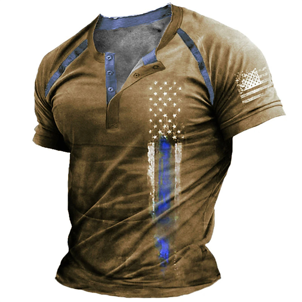 Men Fashion Vintage - เสื้อเชิ้ตเฮนรี่พิมพ์ลายธงชาติอเมริกัน 3 มิติ สไตล์ตลกๆ สำหรับผู้ชาย แฟชั่นคอเฮนรี่