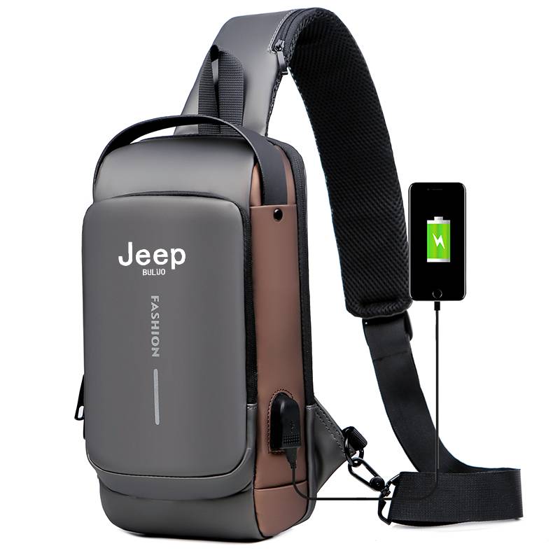 Fashion Harness Men - กระเป๋าสะพายข้างกันขโมย Jeep Buluo สำหรับผู้ชาย พร้อมพอร์ตชาร์จ USB