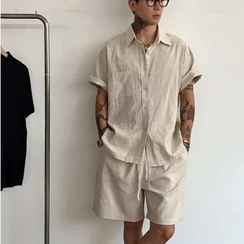 Linen Shirt Summer - ชุดเซ็ตผ้าลินินคอตตอน 2 ชิ้นสำหรับผู้ชาย เสื้อแขนสั้นทรงหลวมและกางเกงขาสั้น ชุดลำลองสไตล์ Old