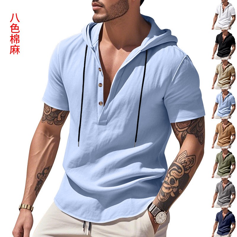 Linen Shirt Summer - เสื้อเชิ้ตลินินลำลอง สีฟ้าอ่อน เสื้อยืดสีกรมท่า เสื้อติดกระดุมด้านหน้า สีขาว คอวี