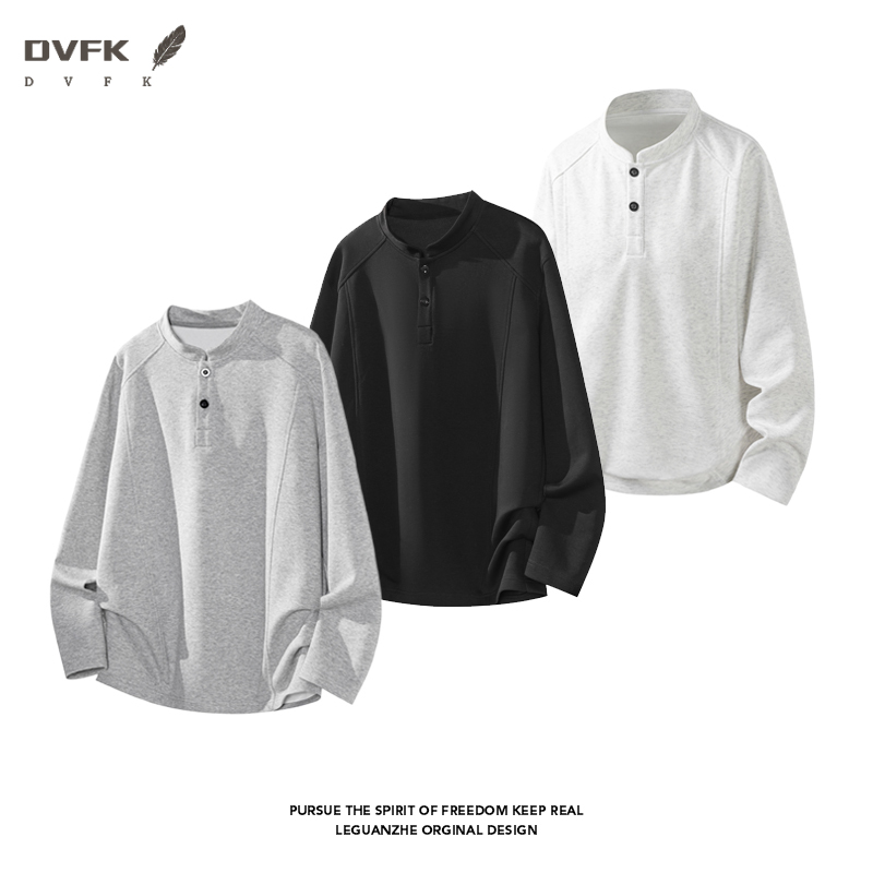 Mens Fashion Casual - เสื้อเชิ้ตแขนยาวผู้ชายแบบแร็กแลน คอเฮนลีย์ กระดุมครึ่งตัว ทรงหลวม ชายโค้ง สไตล์ลำลองสำหรับใส่ในชีวิตประจำวัน