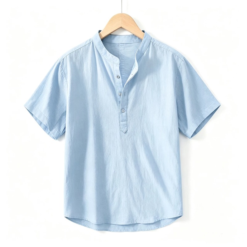 Linen Shirt Summer - เสื้อเชิ้ตแขนสั้นผ้าฝ้ายลินินสำหรับผู้ชายพร้อมคอตั้งและกระดุมครึ่งตัว - ชุดลำลองสำหรับพักผ่อนกลางแจ้งสำหรับฤดูใบไม้ผลิและฤดูร้อน
