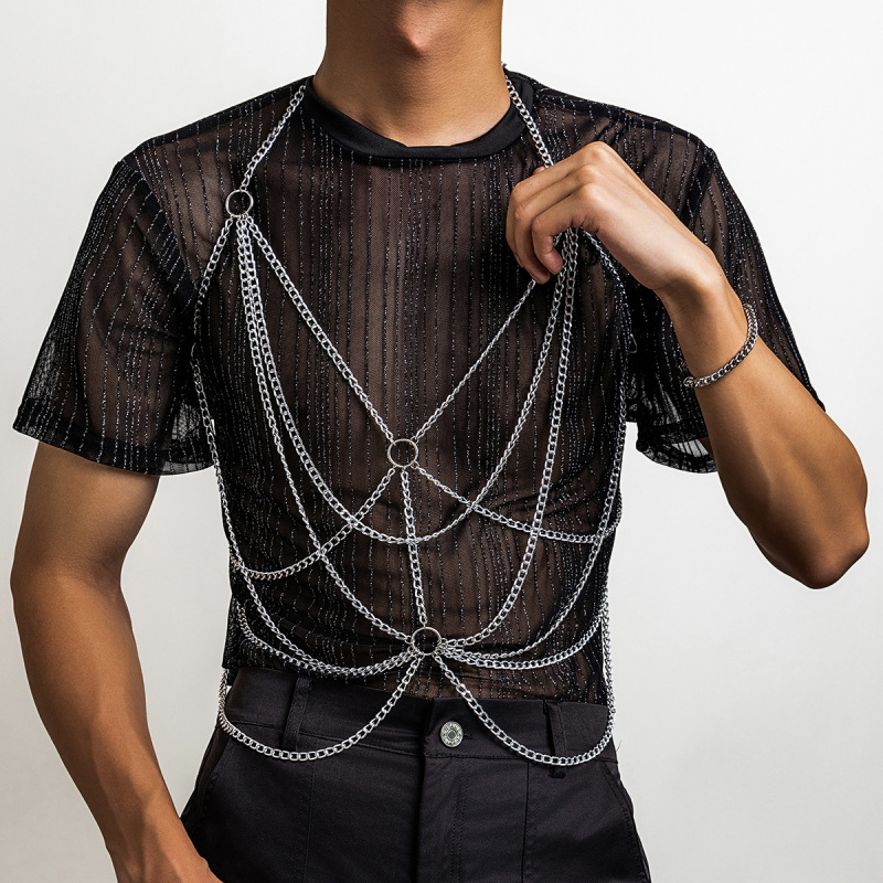 Fashion Harness Men - สายรัดตัวผู้ชายแบบโซ่หลายชั้น สีเงิน สายรัดหน้าอก สำหรับงานปาร์ตี้ คลับ สตรีทแวร์