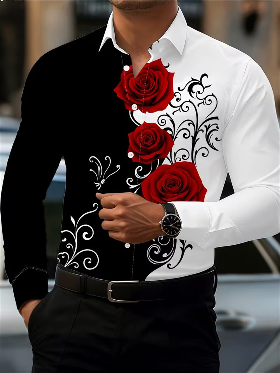Mens Fashion Ideas - เสื้อเชิ้ตแขนยาวพิมพ์ลายดอกกุหลาบสีแดงสำหรับผู้ชาย ทันสมัยและลำลอง