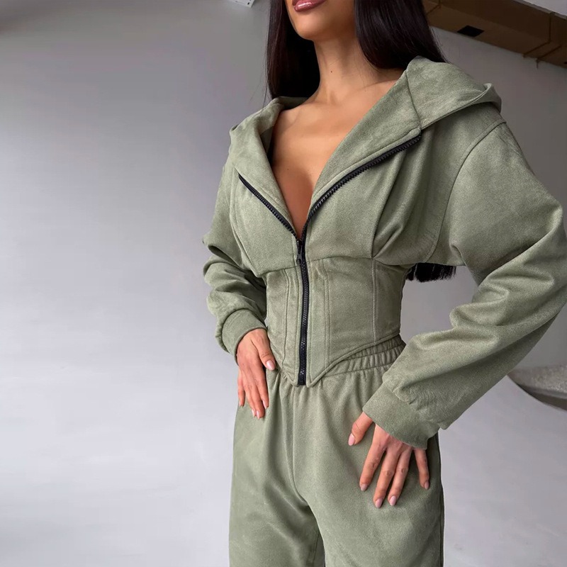 Mens Fashion Zip Up Hoodies - ชุดเสื้อฮู้ดสั้นและกางเกงผ้าหนังกลับสองชิ้น คอลเลกชันใหม่ฤดูใบไม้ร่วง 2026 แฟชั่นสไตล์ยุโรปอเมริกา ชุดกีฬาแจ็คเก็ตซิปเข้ารูปสำหรับผู้หญิง