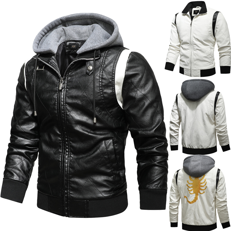 Mens Fashion Bomber Jacket - ฤดูใบไม้ร่วงฤดูหนาวเสื้อแจ็คเก็ตหนังผู้ชายแมงป่องเย็บปักถักร้อย Hooded JACKET PU หนังรถจักรยานยนต์ Mens