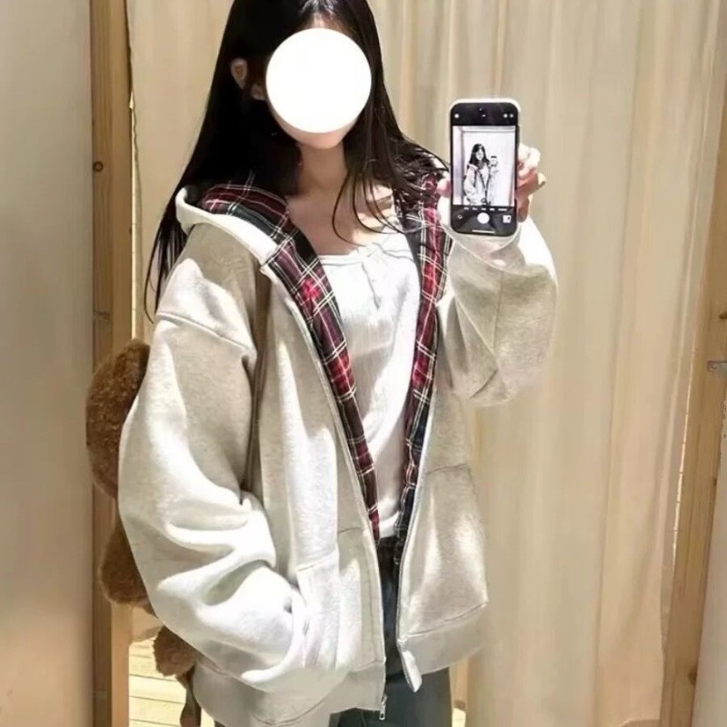 Mens Fashion Zip Up Hoodies - เสื้อฮู้ดซิปหลวมลายตารางใหม่สำหรับฤดูใบไม้ร่วงปี 2026 พร้อมซับในแบบตัดต่อ สไตล์ญี่ปุ่น-เกาหลี แฟชั่นฤดูหนาวฮาราจูกุ แจ็คเก็ตมีฮู้ดลำลองสำหรับผู้หญิง