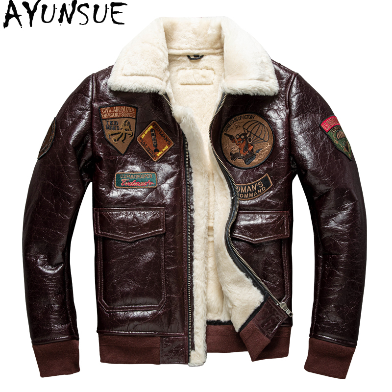 Mens Fashion Bomber Jacket - AYUNSUE ฤดูหนาวแจ็คเก็ตหนังผู้ชายเสื้อผ้าหนาเสื้อแจ็คเก็ตขนสัตว์หนังแกะธรรมชาติบุรุษเสื้อผ้าผ้าขนสัตว์ Муж