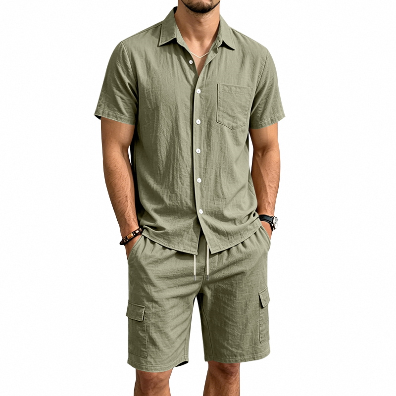 Linen Shirt Summer - ชุดเซ็ตผ้าลินินสไตล์อเมริกันสำหรับผู้ชาย เสื้อแขนสั้น กางเกงขาสั้นทรงคาร์โก้ มีเชือกผูกเอว ใส่สบายๆ เหมาะสำหรับกิจกรรมกลางแจ้ง