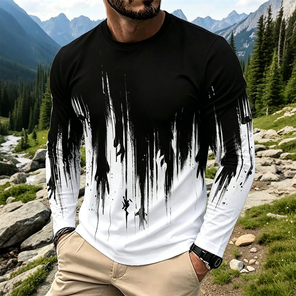 Men Fashion Vintage - เสื้อยืดแขนยาวผู้ชายลายไล่เฉดสีสไตล์สตรีทแวร์ คอกลม แฟชั่นใหม่ ระบายอากาศได้ดี เสื้อพิมพ์ลายสำหรับใส่เป็นเสื้อตัวใน