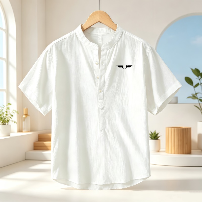 เสื้อเชิ้ตแขนสั้นคอเฮนลีย์ผ้าฝ - Linen Shirt Summer บทวิจารณ์และราคา