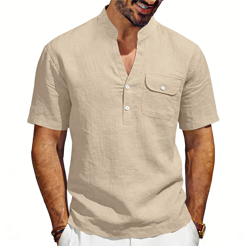 เสื้อเชิ้ตเฮนรี่แขนสั้นผ้าลินิ - Linen Shirt Summer บทวิจารณ์และราคา