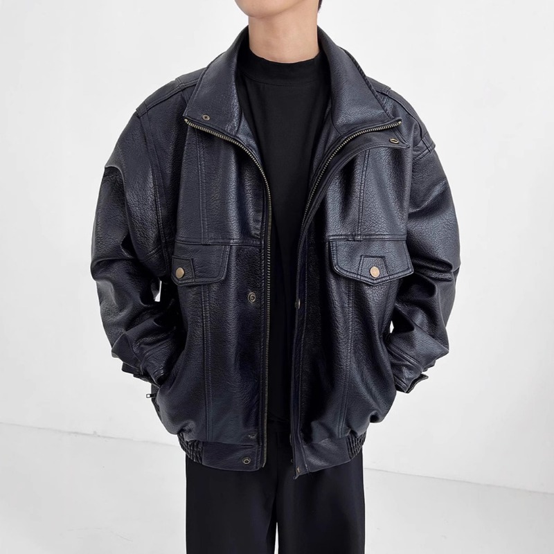แจ็คเก็ตหนังเทียมสไตล์วินเทจอเ - Mens Fashion Bomber Jacket บทวิจารณ์และราคา