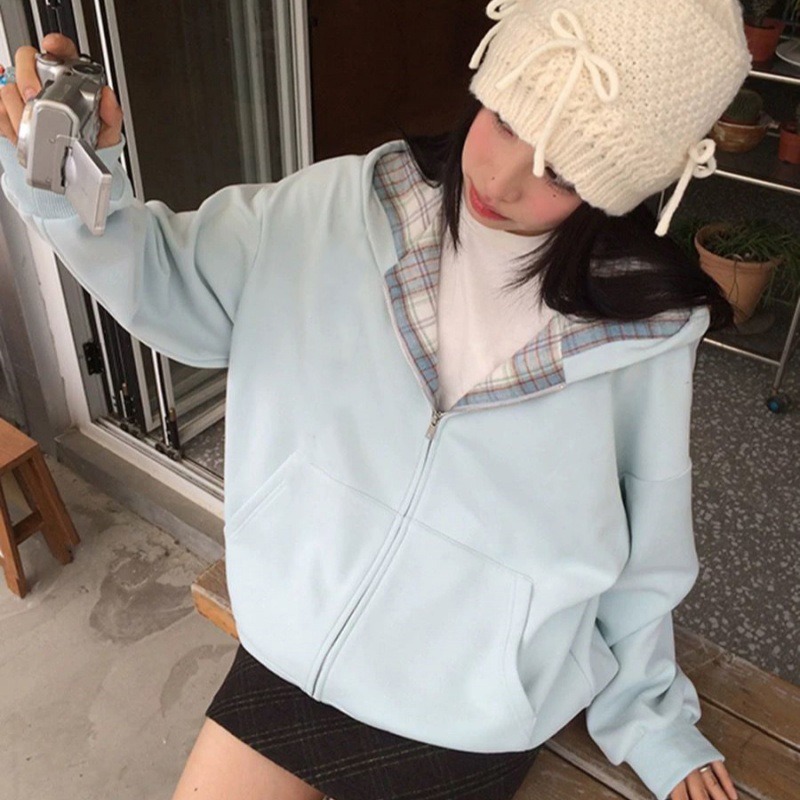 เสื้อฮู้ดซิปหลวมลายตารางใหม่สำ - Mens Fashion Zip Up Hoodies บทวิจารณ์และราคา